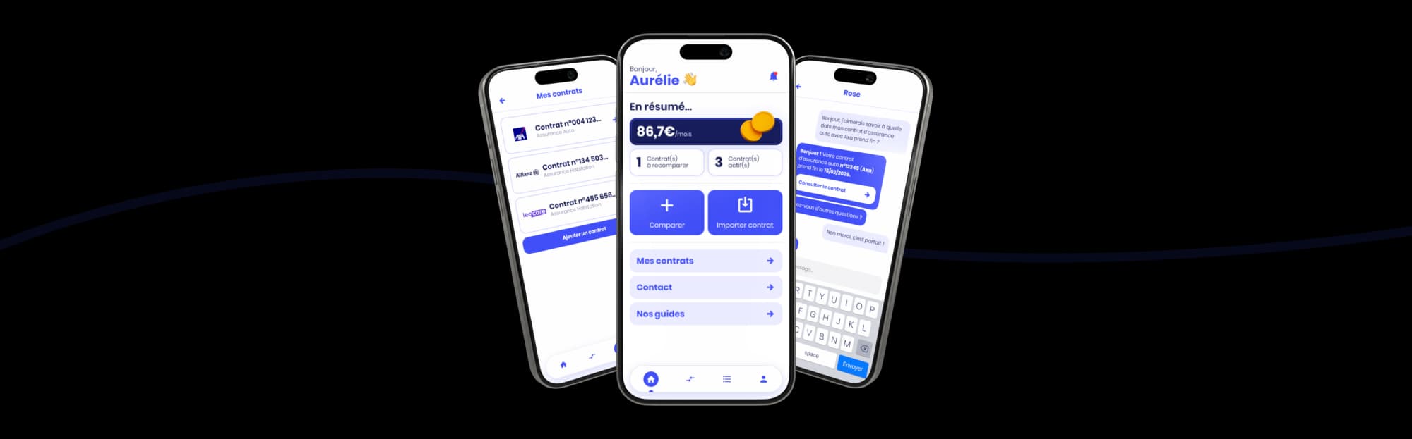 Illustration de l'application avec 3 téléphones